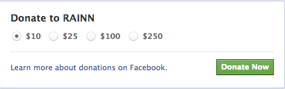 Screen grab showing the amounts you can choose to donate to RAINN on facebook