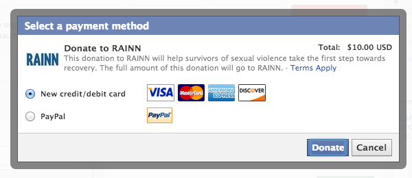 Screen grab from the process of donating to RAINN online