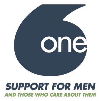 One in Six. Support for Men and Those Who Care About Them. Word One embedded in number 6 logo.
