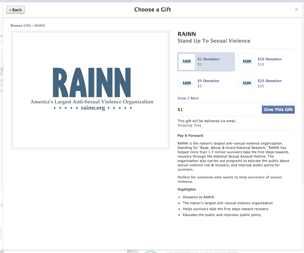 Screen grab showing RAINN donation page on facebook