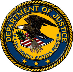 Department of Justice seal. Eagle carrying an olive branch flying over an American flag.
