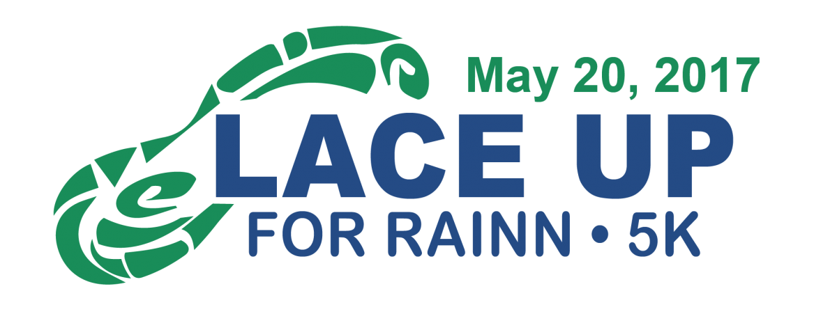 Lace up for RAINN 5K logo with blue text over a green shoe print. May 20, 2017