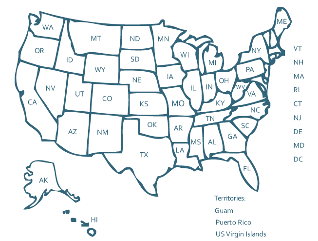 Map of the United States and territories, with abbreviations written inside, to illustrate the fact that the legal definition of consent varies by state.
