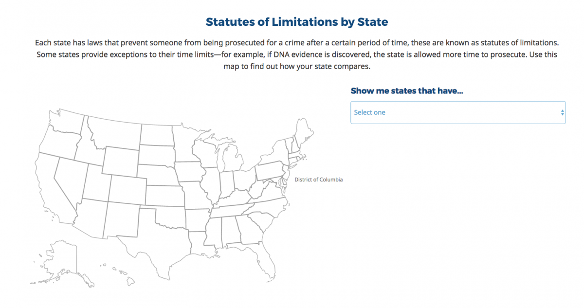 Map of the United States demonstrating the statutes of limitations tool
