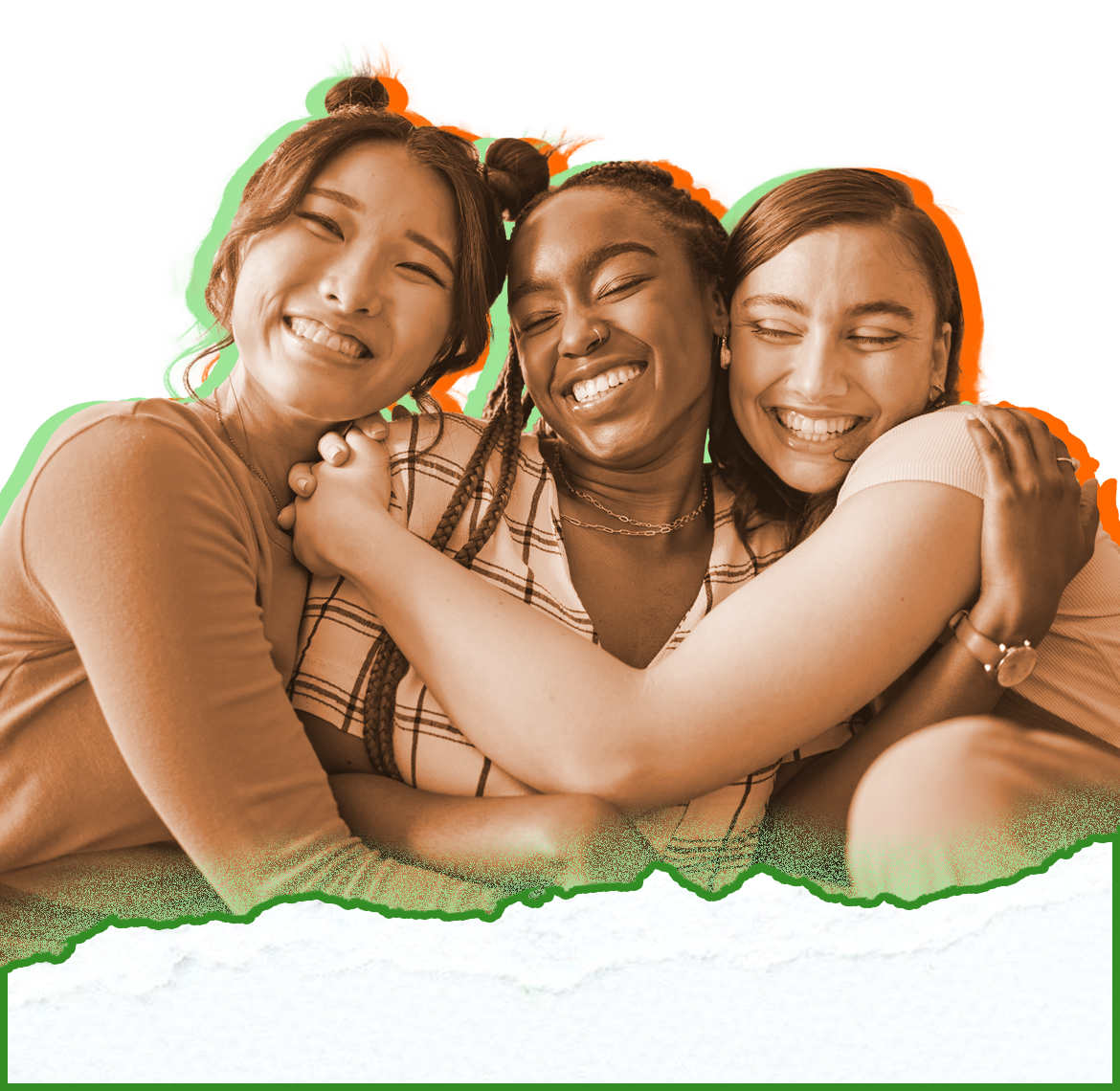 Three young women embracing in a hug.