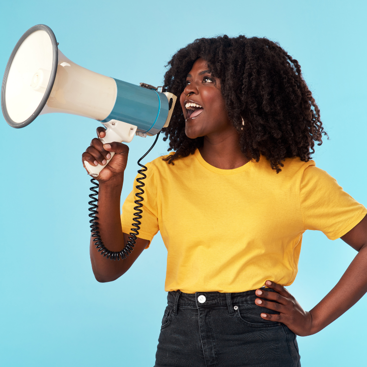 Young Black Woman with megaphone on blue background