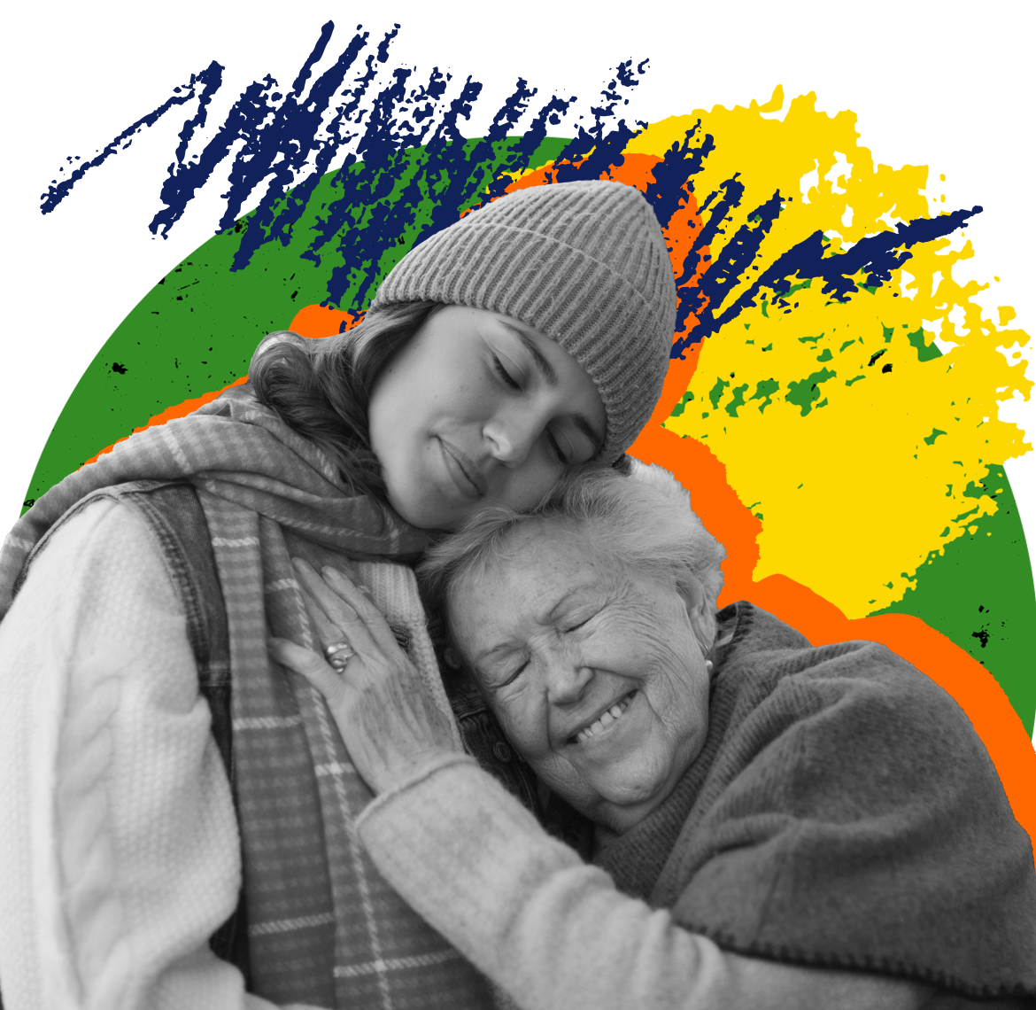 Older woman and young women in a hug.