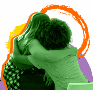 Two children photographed from behind with arms over one another.