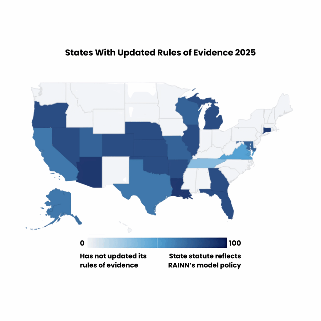 State policy map of state with updated rules of evidence in 2025. 