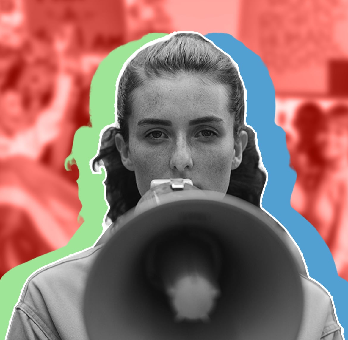 woman talking into a megaphone