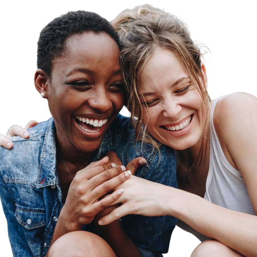 Two women close together. Happy. 